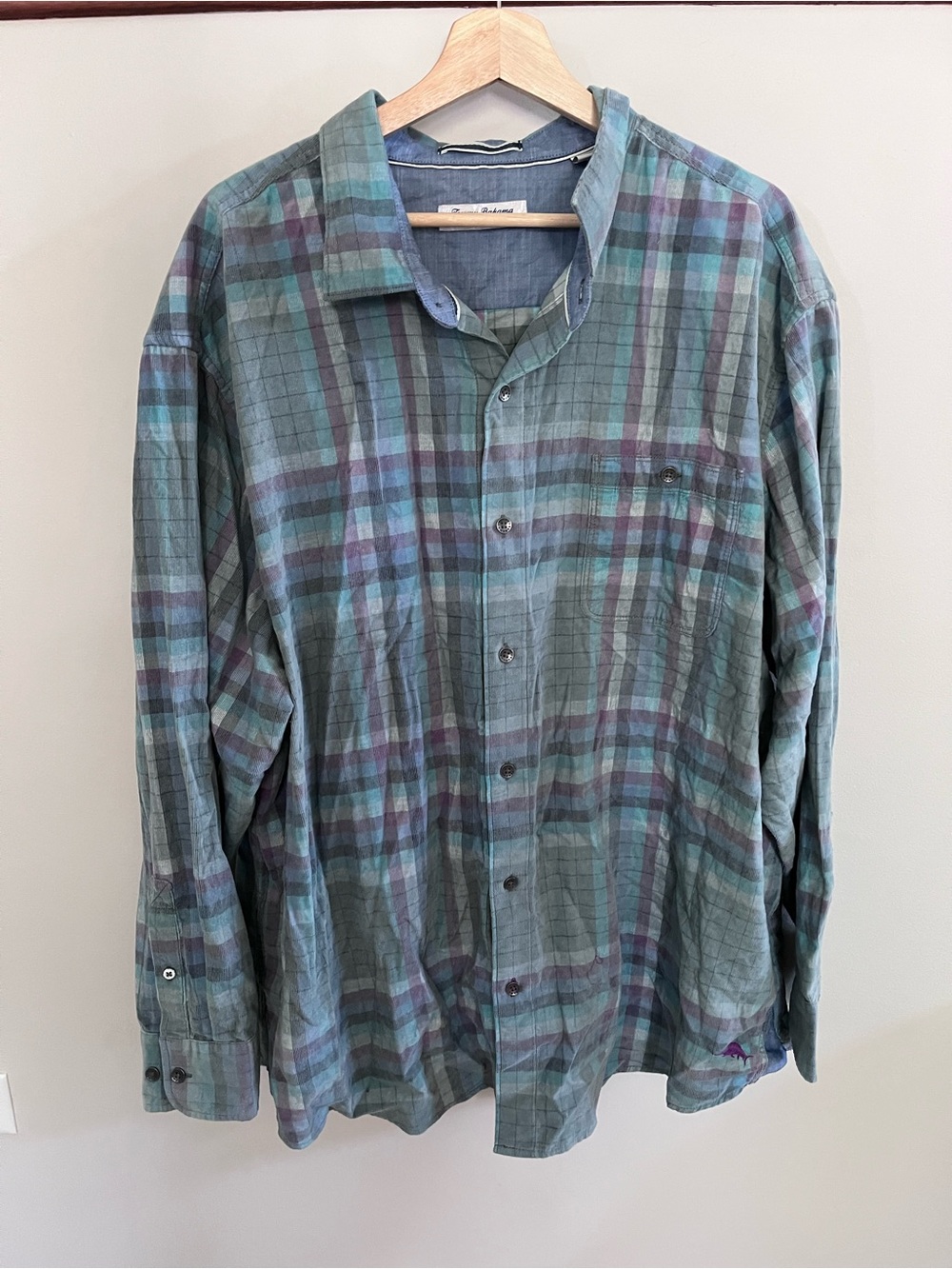 Tommy Bahama Coastline‎ Cord Plaid Shirt Mens 2XLB Green Purple Corduroy Marlin
